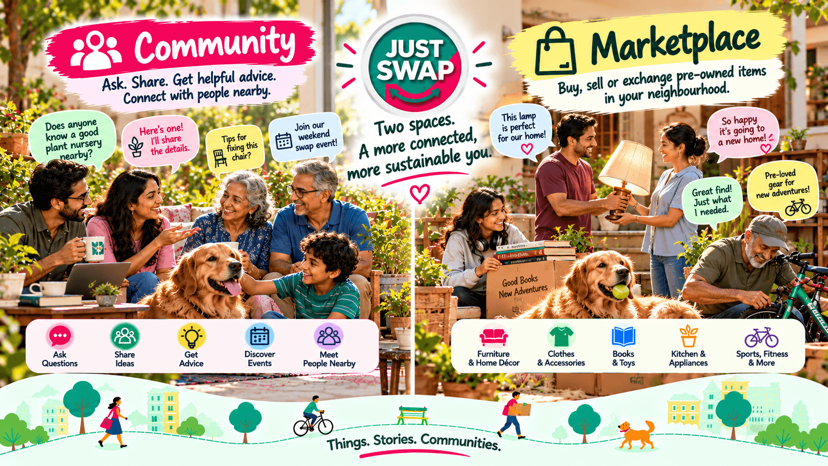 Two spaces. A more connected, more sustainable you. Community: ask, share and connect with people nearby. Marketplace: buy, sell or exchange pre-owned items in your neighbourhood.